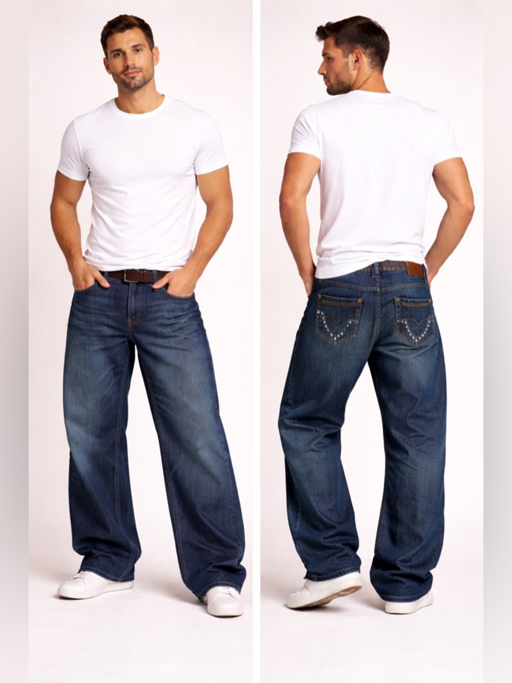 Antique Rivet  Jeans Mens Blue Straight Leg Embellished Pockets Streetwear 34x32